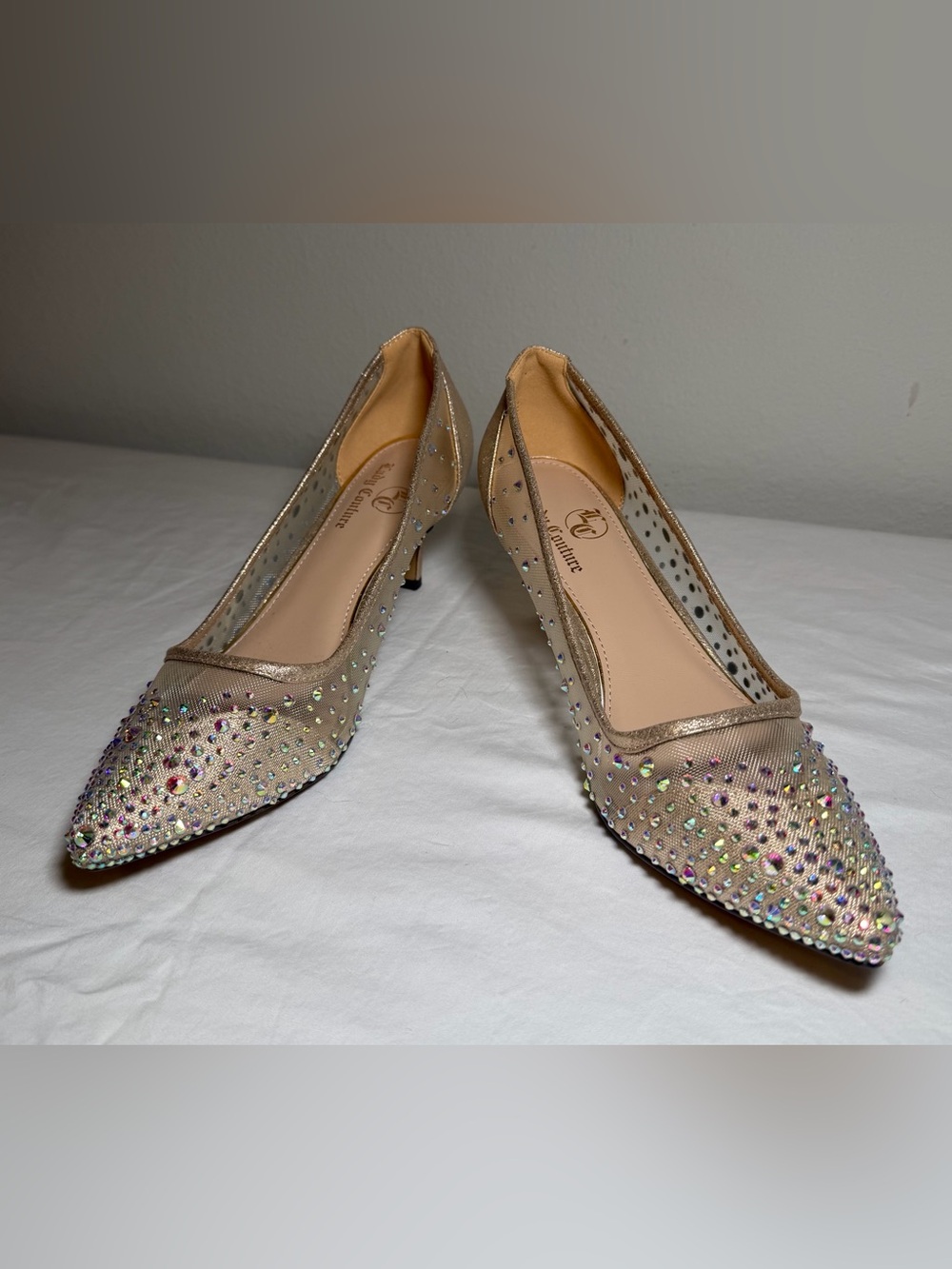 Embellished Champagne Mesh Pointed-Toe Low Heel Pumps